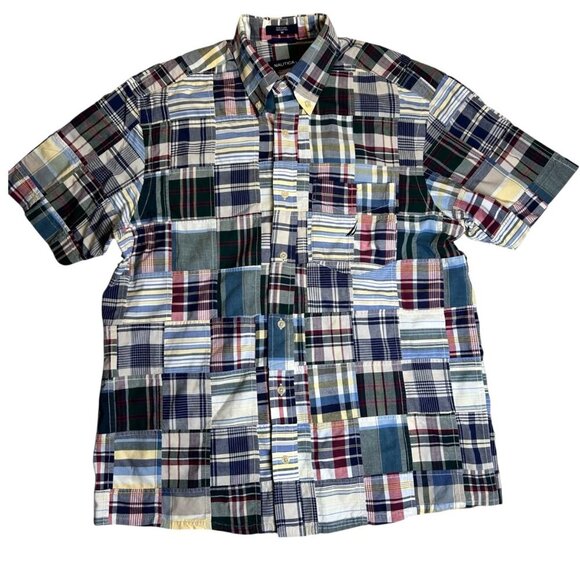 Nautica Medium Madras Camp Shirt Men Golf Coastal Beach Boating Patchwork - Picture 1 of 5